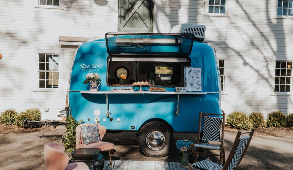 Blue Bird retro camper bar setup